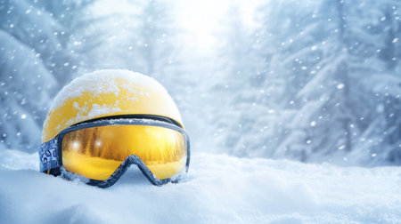 A vibrant yellow ski helmet and high-tech goggles rest in a thick layer of snow, surrounded by a tranquil winter forest. Snowflakes fall gently, creating a serene atmosphere ideal for winter sports enthusiasts.の素材