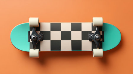This image features a stylish checkerboard skateboard resting on a vibrant orange background, showcasing its smooth wheels and classic design, ideal for sports and recreation enthusiasts.の素材