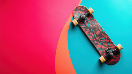 A vibrant skateboard rests on a colorful backdrop of red and turquoise, showcasing dynamic shapes and patterns, perfect for capturing youth culture and leisure activities.の素材