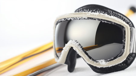 A striking close-up of snowy ski goggles featuring a frosty edge, complemented by golden ski poles, ideal for winter sports enthusiasts.の素材