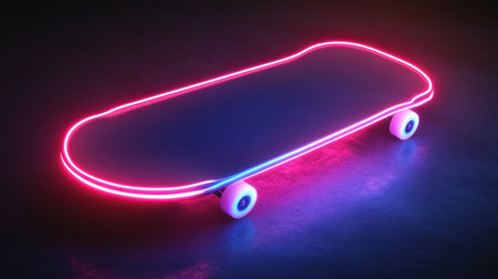 This image features a neon-lit skateboard resting on a dark background, showcasing vibrant colors and modern design, perfect for urban and youth culture themes.の素材