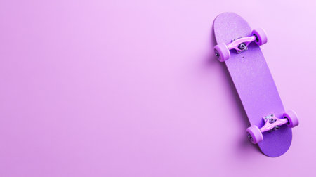 A vibrant purple skateboard rests against a soft pastel background, ideal for creative concepts involving lifestyle, sport, and youthful energy.の素材