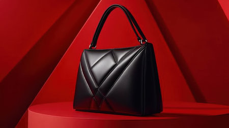 This image features an elegant black handbag elegantly positioned against a striking red background, showcasing its modern design and luxurious texture.の素材
