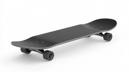 A minimalist black skateboard resting on a pure white surface, perfect for showcasing sporty themes, active lifestyles, and urban culture in creative projects.の素材