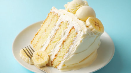 A mouthwatering slice of banana cake topped with creamy icing, fresh banana slices, and a scoop of vanilla ice cream on a light blue plate. Perfect for dessert lovers.の素材