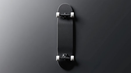 A sleek black skateboard placed vertically against a dark backdrop, showcasing its smooth finish and modern design. Perfect for themes of urban lifestyle and adventure.の素材