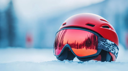 A vibrant red ski helmet paired with reflective goggles rests on pristine snow, showcasing a beautiful winter mountain landscape, perfect for winter sports enthusiasts.の素材