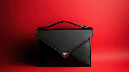 A sleek black handbag set against a vivid red backdrop, showcasing modern elegance and style. Perfect for fashion-focused projects and promotional materials.の素材