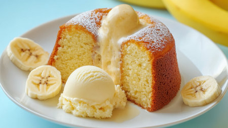 A delightful moist banana cake, oozing with creamy vanilla ice cream, garnished with fresh banana slices. Perfect for dessert lovers!の素材