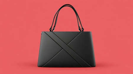 This elegant black handbag showcases a stylish geometric design against a vibrant red background. Ideal for fashion-related promotions or retail offerings.の素材