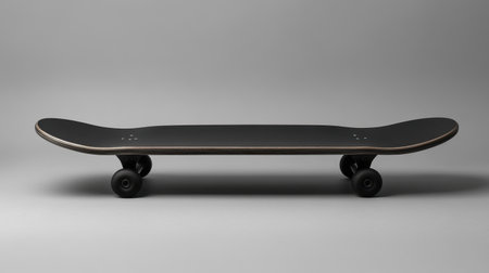 This image showcases a minimalist black skateboard placed on a neutral gray background, highlighting its sleek design and modern appeal for urban enthusiasts.の素材