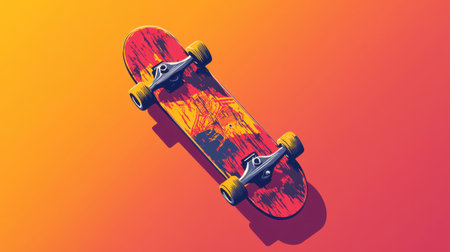 An eye-catching skateboard featuring a vivid design set against a bright gradient background. This image captures the essence of youth, freedom, and fun associated with skateboarding culture. Perfect for sports and lifestyle themes.の素材