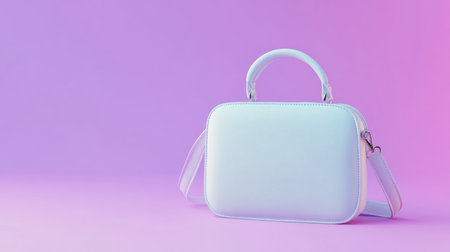 A sleek white handbag sits elegantly against a vibrant purple and pink gradient background, embodying contemporary elegance and modern style. Perfect for fashion photography.の素材