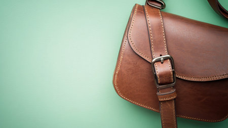 A stylish brown leather shoulder bag displayed against a soft green background, perfect for fashion inspiration, accessories, and everyday use.の素材