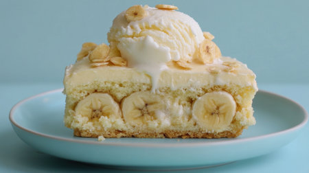 A scrumptious banana dessert featuring soft layers of cake, rich ice cream, and crunchy toppings, creating a delightful treat for all occasions. Perfect for sharing!の素材
