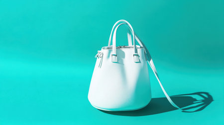 This image features an elegant white handbag on a vibrant turquoise background, ideal for showcasing modern fashion trends or minimalist accessories.の素材