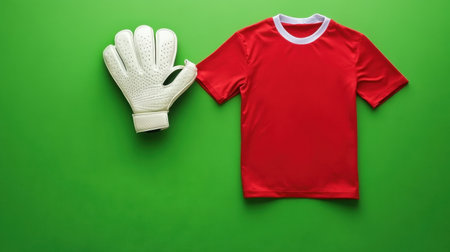A vibrant red sports jersey accompanied by a white goalkeeper glove rests on a bright green background, ideal for soccer-related merchandise and promotions.の素材