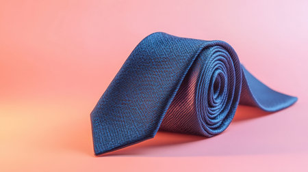 This image features an elegant blue tie meticulously rolled up against a soft pink background, ideal for fashion promotions or style concepts.の素材