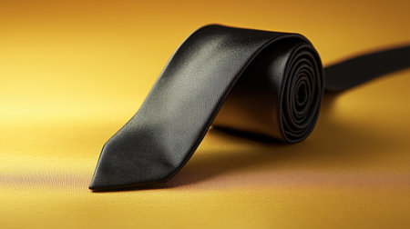 A sleek black tie elegantly draped on a warm golden background, emphasizing sophistication and style. Ideal for fashion, formal wear, and professional use.の素材