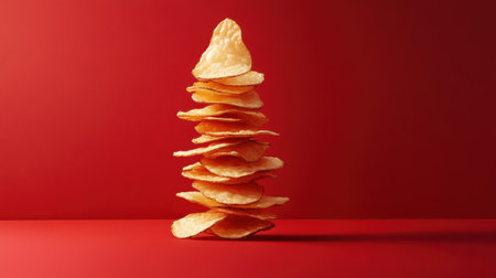 A creative arrangement of stacked potato chips against a vibrant red background, showcasing their crisp texture and playful structure for snack lovers.の素材