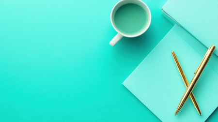 This image features a minimalist workspace highlighting a green coffee cup, golden pens, and teal notebooks on a bright background, perfect for creative settings.の素材