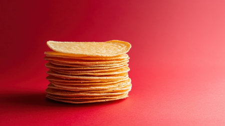 A vibrant stack of crispy chips arranged neatly against a bold red background, highlighting their texture and inviting presentation for snack lovers.の素材