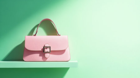 A stylish pink handbag displayed on a sleek shelf against a vibrant green background, showcasing modern design elements and elegant appeal for fashionable looks.の素材