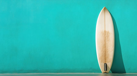 A vintage surfboard leans against a vibrant turquoise wall, evoking a sense of summer and adventure. This image captures beach lifestyle and relaxation.の素材