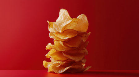 A vibrant image showcasing a stack of crispy potato chips on a striking red background, perfect for conveying the enjoyment of snacking.の素材
