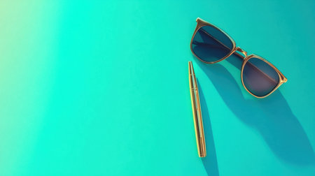 A chic pair of stylish sunglasses and an elegant gold pen lie on a bright blue background, creating a vibrant and visually appealing composition for creative projects.の素材