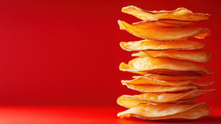 This image features a stack of crispy snacks against a vivid red background, highlighting the appealing texture and vibrant colors of the food.の素材