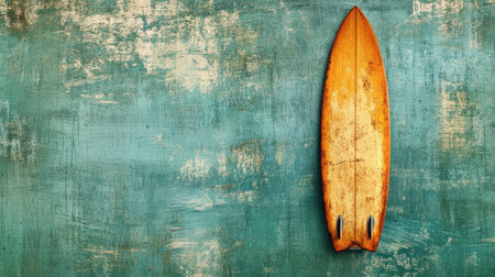 This vintage wooden surfboard rests against a textured ocean blue background, capturing the essence of beach life and summer adventures. Perfect for beach-themed projects.の素材