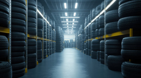 A spacious warehouse interior featuring neatly organized shelves filled with tires. Bright ceiling lights illuminate the area, creating a professional atmosphere.の素材
