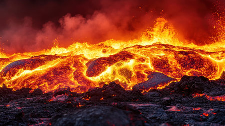 An intense scene capturing a vibrant lava flow erupting from a volcano at night, showcasing the bright orange and red colors against a dark backdrop, highlighting nature's raw power.の素材