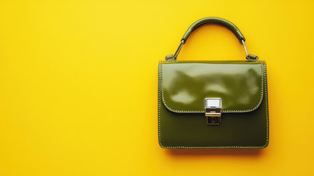 This image features a stylish green handbag on a bright yellow background, offering a striking contrast. Perfect for fashion enthusiasts, this handbag embodies elegance and versatility for various occasions.の素材