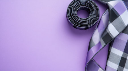 This image features a stylish plaid bow tie alongside a rolled fabric piece, displayed against a vibrant purple background, perfect for fashion enthusiasts.の素材
