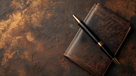 A stylish leather notebook accompanied by a sophisticated pen resting on a rustic background. Ideal for creative and business purposes, this image evokes inspiration and elegance.の素材