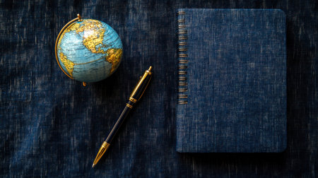 A captivating flat lay composition featuring a globe, elegant pen, and navy notebook resting on a textured dark fabric surface, symbolizing education and travel.の素材