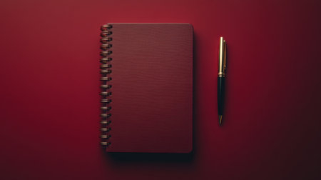 A captivating flat lay featuring a maroon notebook paired with a sleek gold pen against a rich red backdrop. Ideal for conveying inspiration and organization.の素材
