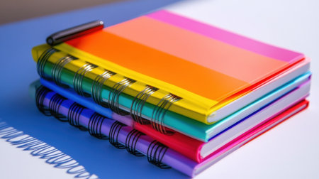 Brightly colored notebooks stacked neatly on a vibrant surface create an inviting atmosphere for writing and creativity. Ideal for various educational or office needs.の素材