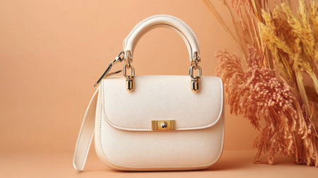 This elegant white handbag is featured against a soft orange background, complemented by dried flowers, showcasing a blend of style and sophistication.の素材