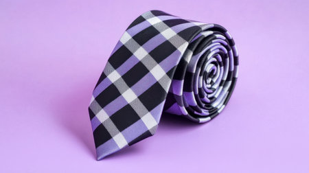 This image showcases a stylish rolled plaid tie featuring purple and black colors, perfect for formal wear, fashion accessories, or photography projects.の素材