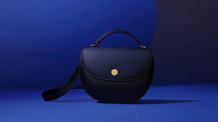 A modern blue handbag rests on a bold gradient background, showcasing its elegant design and minimalist aesthetic, ideal for fashion and accessories projects.の素材