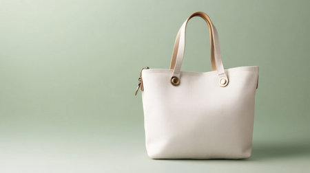 This elegant minimalist tote bag showcases a clean design with a soft green background, ideal for fashion lovers seeking practicality and style.の素材