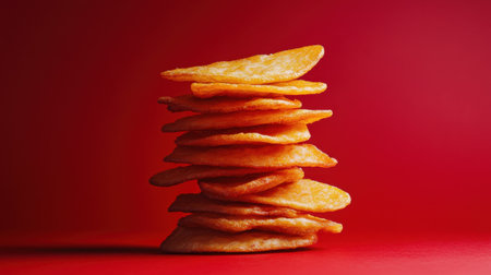 A visually striking arrangement of stacked crispy potato chips on a vibrant red background, highlighting the crunchy texture and mouthwatering appeal of this popular snack.の素材