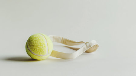 A vibrant yellow tennis ball rests alongside a soft white strap on a clean, minimalist background, perfect for showcasing sports themes in various contexts.の素材