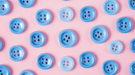 A visually pleasing arrangement of blue buttons scattered on a pink background. Ideal for crafting, sewing, or fashion projects. Perfect for enhancing creative ideas.の素材