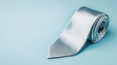 A sophisticated light blue tie is elegantly rolled and placed on a soft pastel blue background, ideal for formal fashion showcases or elegant presentations.の素材