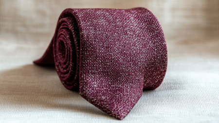 This image features an elegant burgundy tie elegantly rolled to display its rich texture and refined style, perfect for formal settings and fashion enthusiasts.の素材