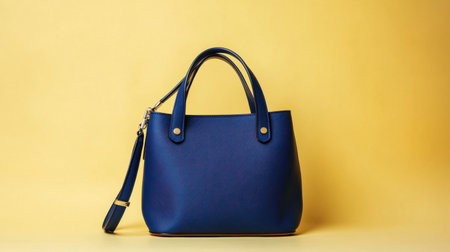A chic blue tote bag featuring sturdy handles, perfect for daily use and stylish outings. Set against a vibrant yellow background, it stands out beautifully.の素材